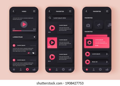 Video Tube unique neomorphic design kit. Live streaming service, multimedia content browse, search and watch, video player. Video widget UI UX templates set. Vector illustration of GUI for mobile app.