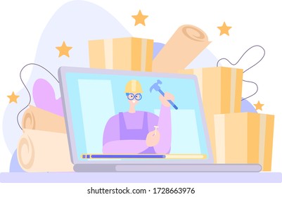 Video tutorial about repairing in video app. Man with hammer is  teaching how to make repairing. Concept design