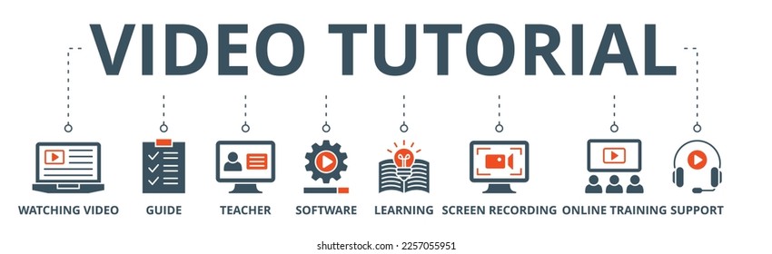 Video tutorial banner icono web ilustración vectorial con icono de ver vídeo, guía, profesor, software, aprendizaje, grabación de pantalla, formación en línea, soporte