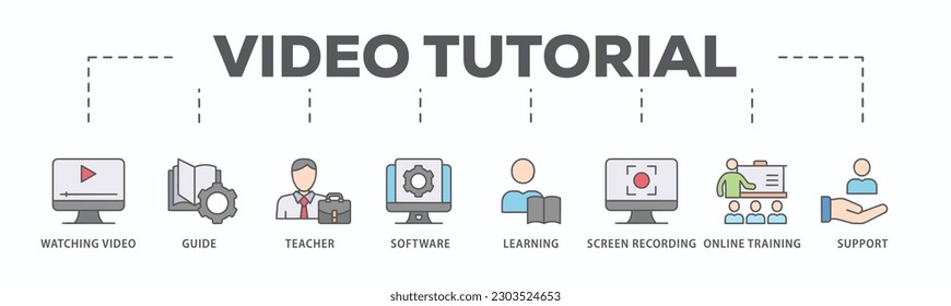 Video tutorial banner web icon vector illustration concept with icon of watching video, guide, teacher, software, learning, screen recording, online training, support
