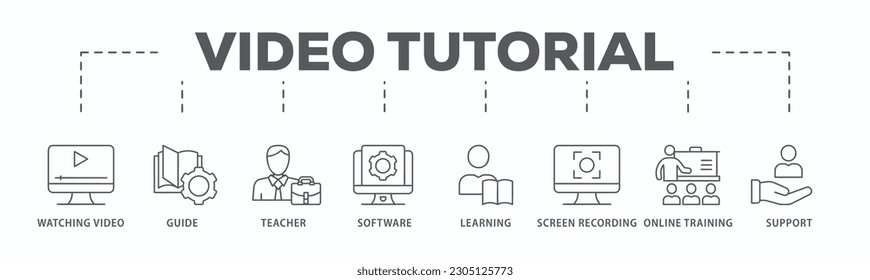 Video tutorial banner web icon vector illustration concept with icon of watching video, guide, teacher, software, learning, screen recording, online training, support
