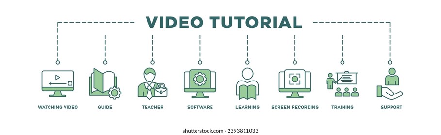 Video tutorial banner web icon vector illustration concept with icon of watching video, guide, teacher, software, learning, screen recording, online training, support