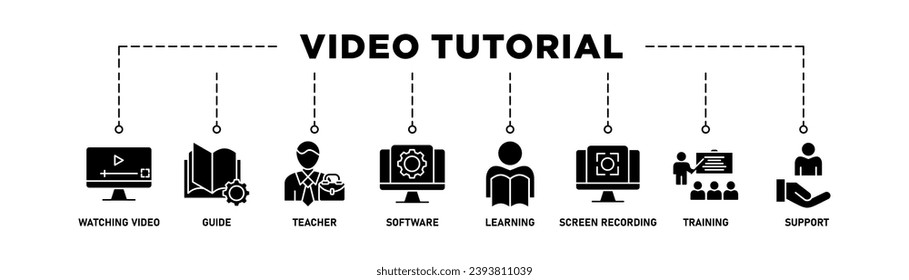 Video tutorial banner web icon vector illustration concept with icon of watching video, guide, teacher, software, learning, screen recording, online training, support