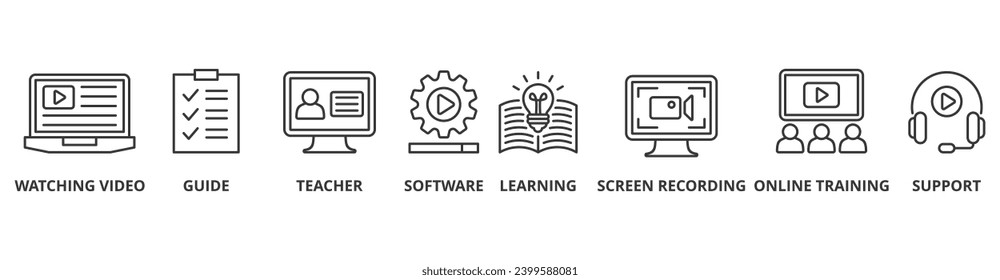 Video tutorial banner web icon vector illustration concept with icon of watching video, guide, teacher, software, learning, screen recording, online training, support	