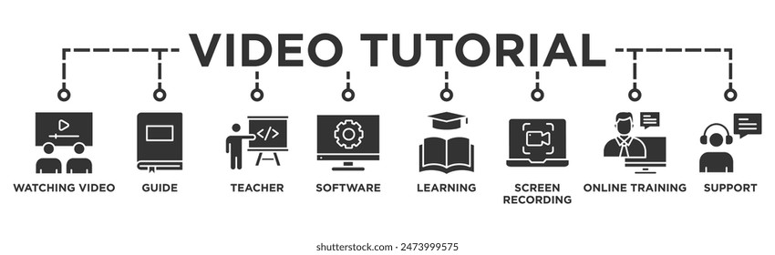 Video tutorial banner web icon illustration concept with icon of watching video, guide, teacher, software, learning, screen recording, online training, support	