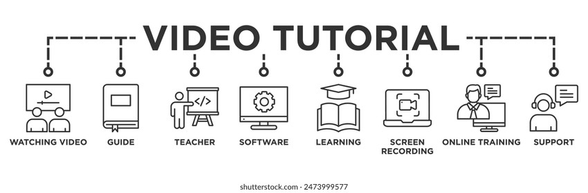 Video tutorial banner web icon illustration concept with icon of watching video, guide, teacher, software, learning, screen recording, online training, support	