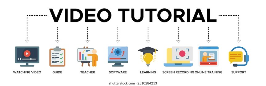 Video tutorial banner web icon vector illustration concept with icon of watching video, guide, teacher, software, learning, screen recording, online training, support