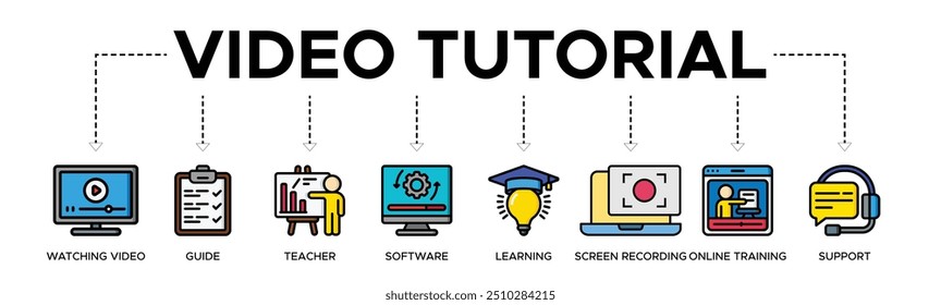 Video tutorial banner web icon vector illustration concept with icon of watching video, guide, teacher, software, learning, screen recording, online training, support