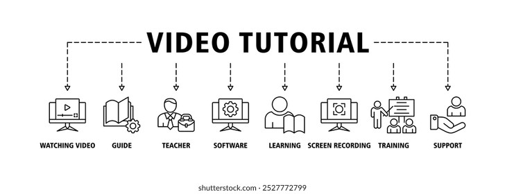 Video tutorial banner web icon set illustration concept with icon of watching video, guide, teacher, software, learning, screen recording, online training, support icons infographics symbol background