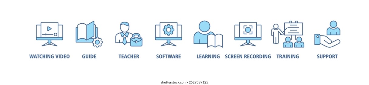 Video tutorial banner web icon set illustration concept with icon of watching video, guide, teacher, software, learning, screen recording, online training, support icons symbol background live stroke
