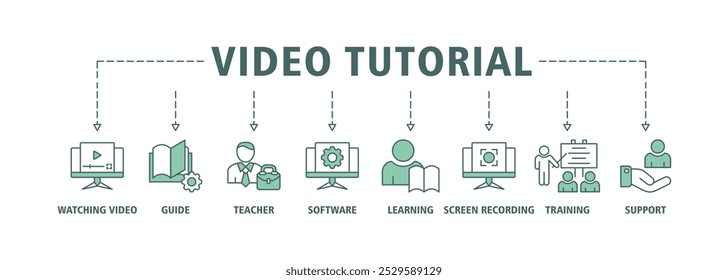 Video tutorial banner web icon set illustration concept with icon of watching video, guide, teacher, software, learning, screen recording, online training, support icons symbol background live stroke