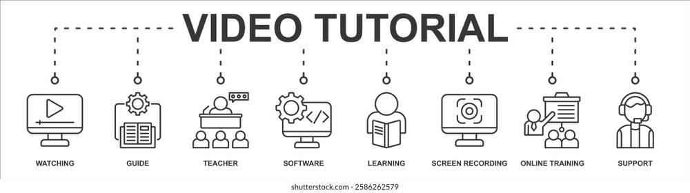 Video Tutorial banner web icon sheet vector illustration concept with icon of watching, guide, teacher, software, learning, screen recording, online training, support