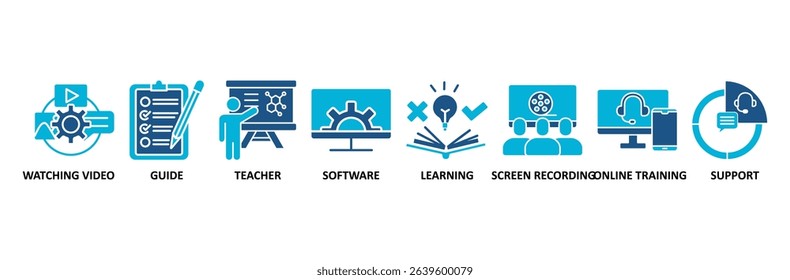 Video tutorial banner web icon vector illustration concept with icon of watching video, guide, teacher, software, learning, screen recording, online training, support