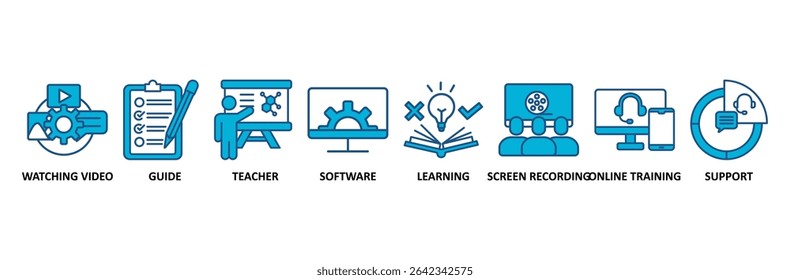 Vídeo tutorial banner web icon vetor ilustração conceito com ícone de assistir vídeo, guia, professor, software, aprendizagem, gravação de tela, treinamento online, suporte