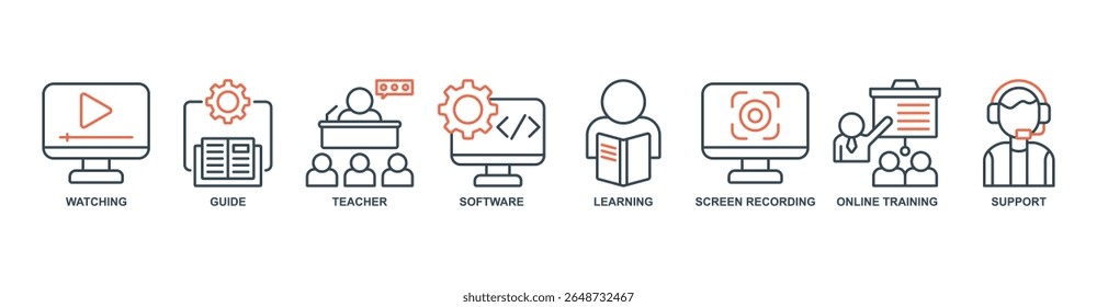 Video Tutorial banner web icon set vector illustration concept with icon of watching, guide, teacher, software, learning, screen recording, online training, support