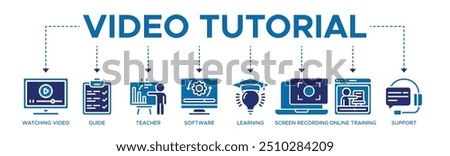 Video tutorial banner web icon vector illustration concept with icon of watching video, guide, teacher, software, learning, screen recording, online training, support