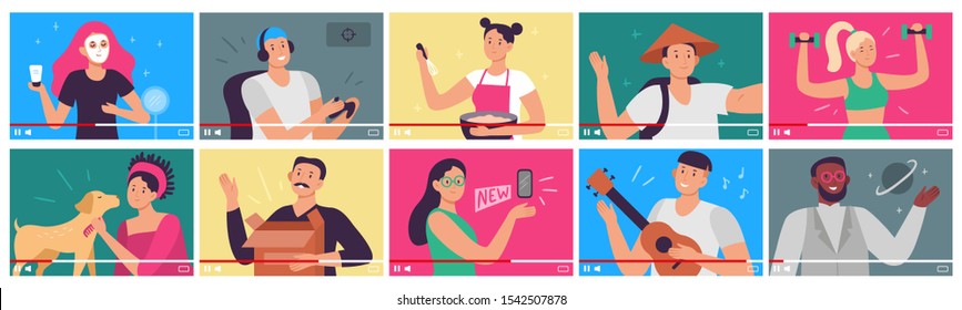 Video tutorial. Bloggers, content creators and vloggers influencers videos in player interface. People shoot video tutorials for internet, education vlogs. Flat vector illustration icons set