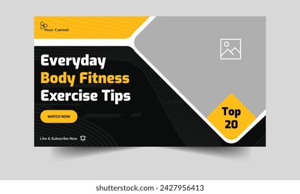 Consejos y trucos de fitness corporal tutorial de vídeo diseño de banner en miniatura, técnicas de ejercicio diario diseño de banner de cubierta de vídeo, totalmente editable vector eps 10 formato de archivo
