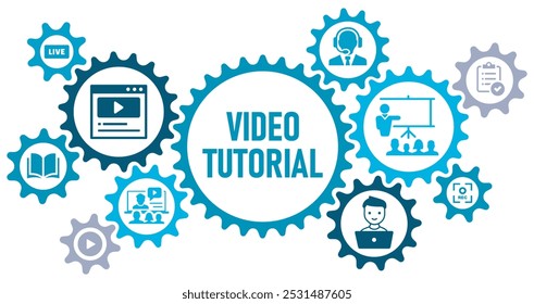 Vídeo tutorial conceito banner website web icon vetor ilustração com ícones de assistir vídeo, guia, professor, software, aprendizagem, gravação de tela, treinamento online, suporte, em fundo branco