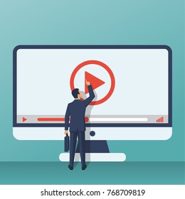 Video tutorial concept. Businessman presses play button. Vector illustration flat design. Isolated on background. E-learning, video stream. Social media.