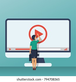 Video tutorial concept. Businesswoman presses play button. Vector illustration flat design. Isolated on background. E-learning, video stream. Social media.