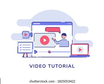 Video tutorial concept video man presentation on display computer monitor white isolated background with flat style