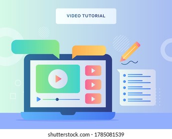 Video tutorial concept viewing laptop screen playing video bubble talk instruction with flat style.