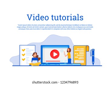 Video Tutorial. Video conference and webinar icon, internet and video services. Vector illustration in flat style