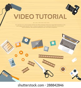 Video Tutorial Editor Desk Working Place Vector Illustration