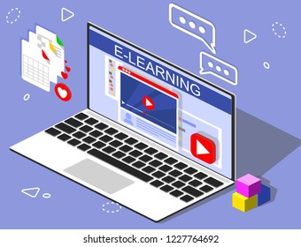 Video tutorial education, e-learning. Isometric business concept template web banner with media elements vector illustration