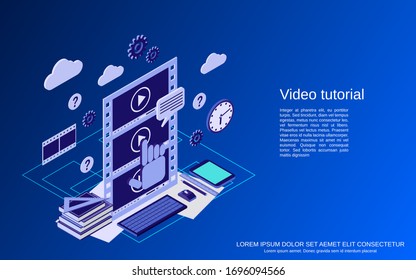 Video tutorial, e-learning, online education, user guide flat isometric vector concept illustration