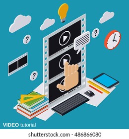 Video tutorial, e-learning, online education, user guide flat isometric vector concept illustration