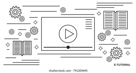 Video tutorial, e-learning, online education, user guide thin line art style vector concept illustration