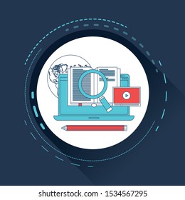 Video tutorial flat concept, distance learning, on-line education vector banner with icon.