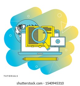 Video tutorial flat concept, distance learning, on-line education vector banner with icon 