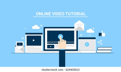 Video tutorial flat concept, distance learning, on-line education vector banner with icons