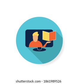 Video tutorial flat icon. Online webinar, school classes, business training courses sign. Video streaming symbol for digital education and elearning concept. Color vector illustration with shadow