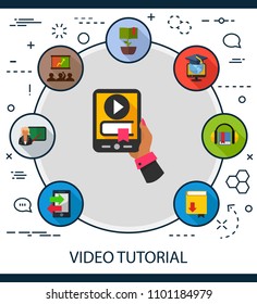 Video tutorial flat icons concept. Vector illustration. Element template for design.