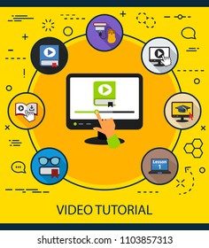 Video tutorial flat icons concept. Vector illustration. Element template for design.