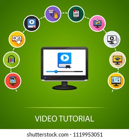 Video tutorial flat icons concept. Vector illustration. Element template for design.