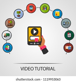 Video tutorial flat icons concept. Vector illustration. Element template for design.