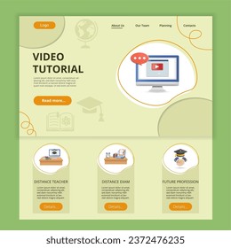 Video tutorial flat landing page website template. Distance teacher, distance exam, future profession. Web banner with header, content and footer. Vector illustration.