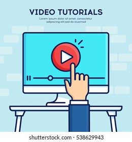 Video tutorial flat line icon concept. Online training, study and learning background, distance education and knowledge growth icon. Education on computer and e-learning. Vector illustration