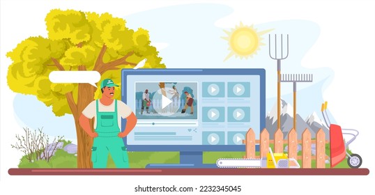 Video tutorial for gardener vector illustration. Man vlogger in uniform shooting webinar about gardening, plant caring, organic natural product cultivation and horticultural business