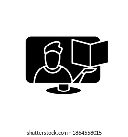 Icono de glifo de tutorial de vídeo. Seminario web en línea, clase escolar, curso de formación llenó el cartel plano. Símbolo de streaming de vídeo para la educación digital y el concepto de aprendizaje de idiomas. Ilustración vectorial de silueta aislada