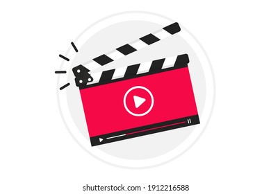 Video tutorial icon, emblem, label, Button. Clapperboard with running online video player. Movie or online cinema design of clapper board video player. Video editor or film production. Online cinema