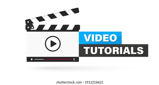 Video tutorial icon, emblem, label, Button. Clapperboard with running online video player. Movie or online cinema design of clapper board video player. Video editor or film production. Online cinema