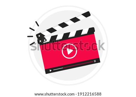 Video tutorial icon, emblem, label, Button. Clapperboard with running online video player. Movie or online cinema design of clapper board video player. Video editor or film production. Online cinema