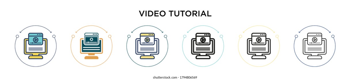 Video tutorial icon in filled, thin line, outline and stroke style. Vector illustration of two colored and black video tutorial vector icons designs can be used for mobile, ui, web