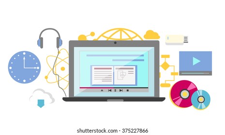 Video tutorial icon flat design style. Online education, information web from laptop, study internet, e-learning and knowledge, webinar and training, communication learning illustration